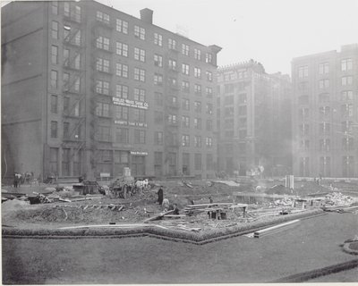 Workers Installing a Fountain in Lucas Garden at Fourteenth and Locust Streets by Unknown